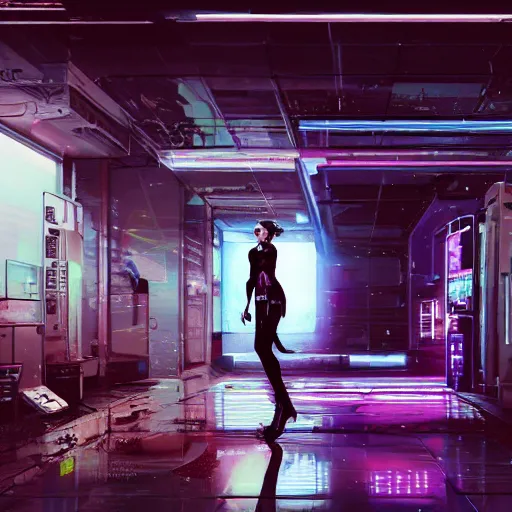 Image similar to a digital illustration of a cyberpunk fashion girl wearing street urban futuristic cyberpunk clothing in the interior of a cyberpunk lab, inside there are drones and robots and a vending machine with neon lighting and foggy environment by craig mullins, 3d scene, render, ultra realistic, ray tracing, night time, volumetric light, artstation, cgsociety, level design, unreal engine, 3d scene, zenith view