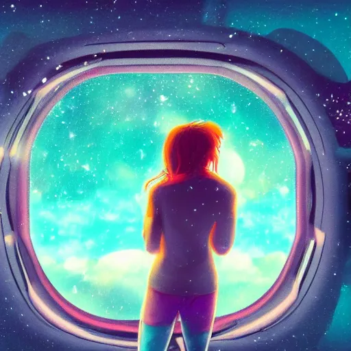 Image similar to lofi girl staring out the window of her spaceship listening to music on a sony walkman, camera facing the window, galaxies and stars are in the background of the window, spaceship is all rusted on the inside, 4 k, fantasy, space, lofi, music, alone, galaxies, stars