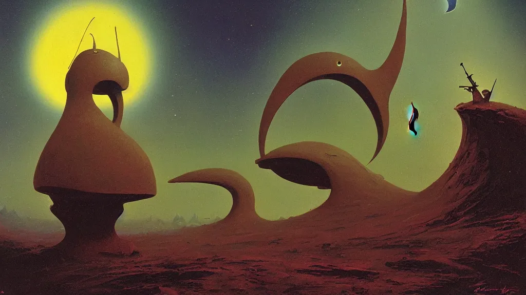 Image similar to mysterious whimsical sculpture of an alien crescent moon by paul lehr and john schoenherr and john harris, cinematic matte painting