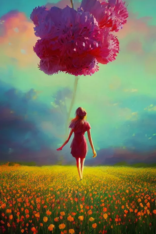 Image similar to giant flower head, girl walking in a flower field, surreal photography, sunrise, dramatic light, impressionist painting, colorful clouds, digital painting, artstation, simon stalenhag