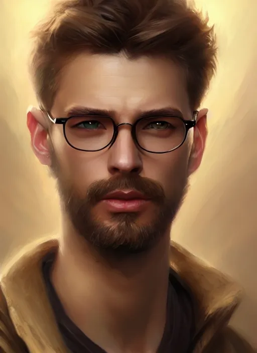 Prompt: a _ fantasy _ style _ portrait _ painting _ of caucasian male short hair glasses stubble light brown hair, rpg dnd oil _ painting _ unreal _ 5 _ daz. _ rpg _ portrait _ extremely _ detailed _ artgerm _ greg _ rutkowski _ greg