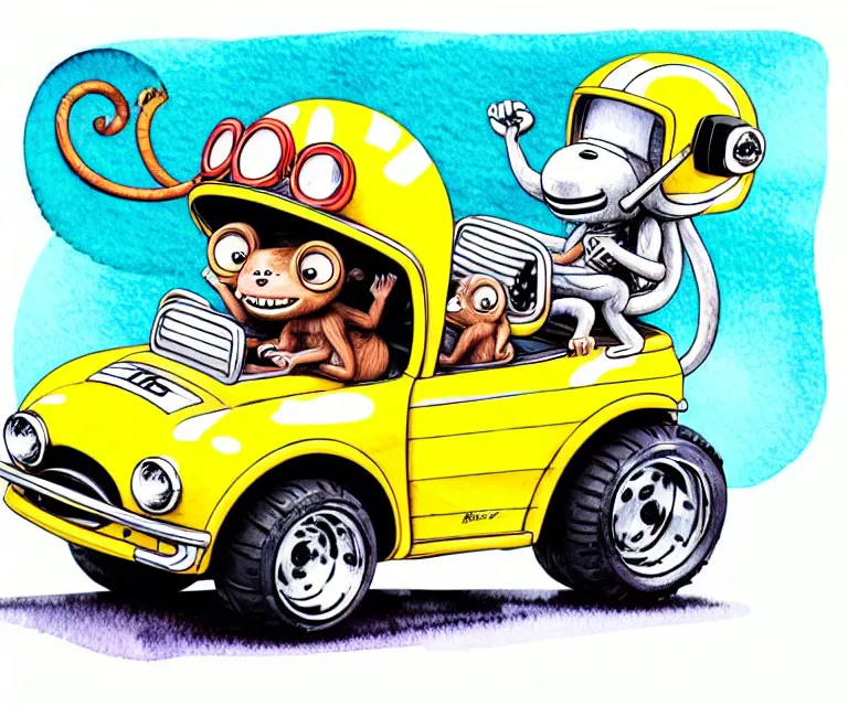 Prompt: cute and funny, monkey wearing a helmet riding in a tiny hot rod with oversized engine, ratfink style by ed roth, centered award winning watercolor pen illustration, isometric illustration by chihiro iwasaki, edited by range murata, tiny details by artgerm, symmetrically isometrically centered