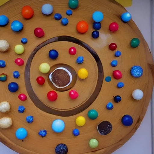 Image similar to a model solar system made out of doughnuts