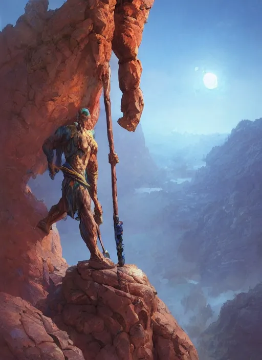 Prompt: a human made of rock holding a staff!, sunset on top of a mountain, front game card, marvel comics, light, intricate, highly detailed, smooth, artstation, digital illustration by ruan jia and mandy jurgens and artgerm and wayne barlowe and greg rutkowski and zdislav beksinski