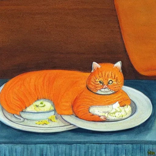 Prompt: fat orange cat on a table with lasagna by david wiesner