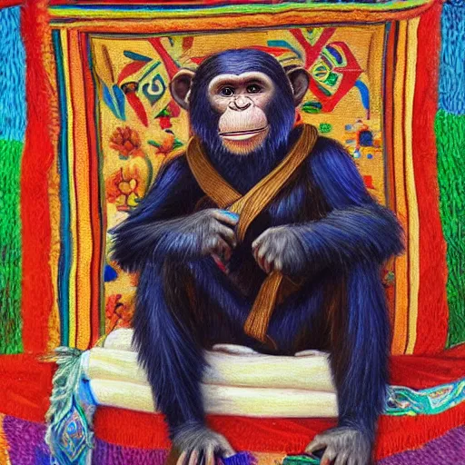 Image similar to beautiful painting by sophie anderson of a chimpanzee wearing traditional men kurdish clothes baggy pants and white shirt with a large sash tied around the waist in a kurdish village, award winning art, insanely detailed, bright colors, global illumination, cute, young, stunning