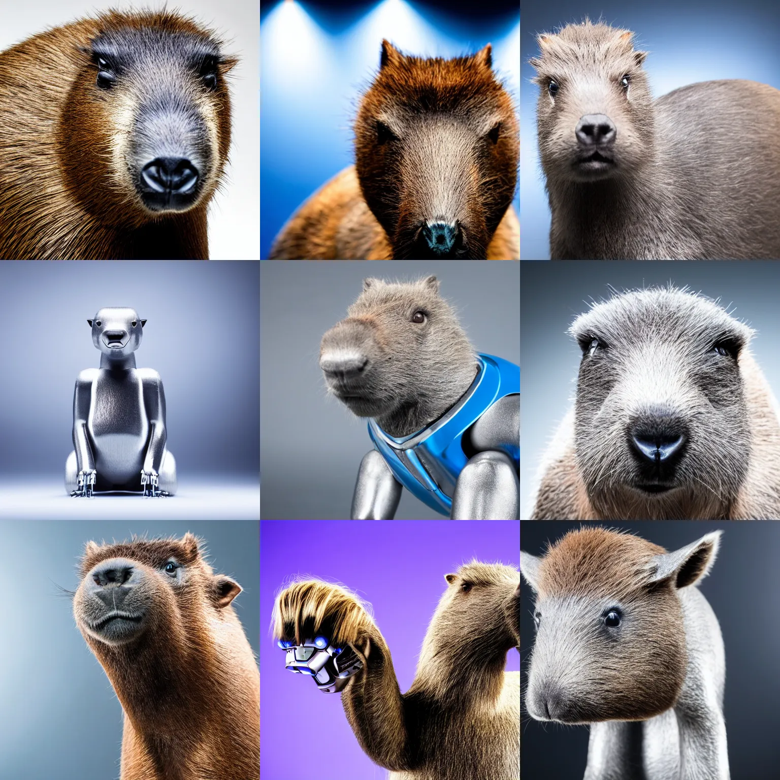 Prompt: studio photograph of a shiny silver and blue metallic robot capybara in front of a black background, 4k, aww