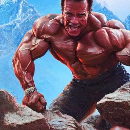 Image similar to arnold schwarzenegger lifting a literal mountain, highly detailed, shallow depth of field, art by artgerm and greg rutkowski