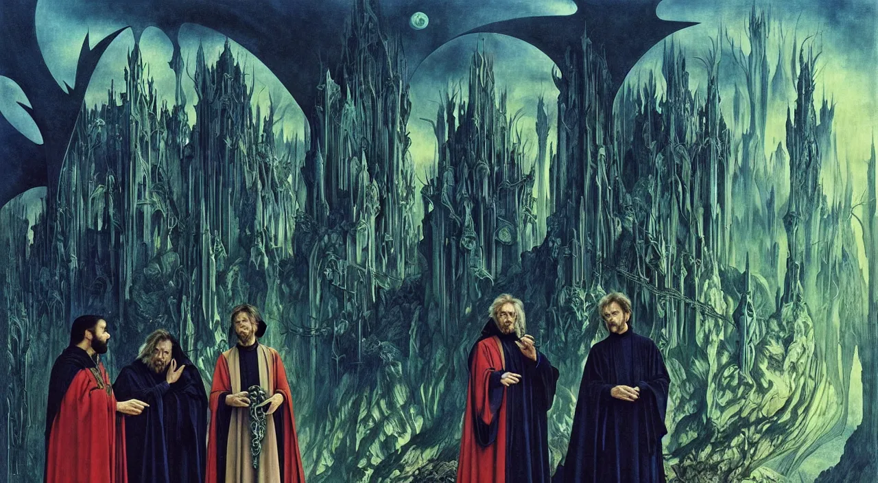 Image similar to realistic detailed portrait movie shot of a wolfman and a priest wearing dark robes, sci fi city landscape background by denis villeneuve, amano, yves tanguy, alphonse mucha, ernst haeckel, max ernst, roger dean, masterpiece, rich moody colours, blue eyes, occult