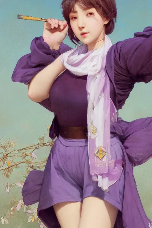 Prompt: Full View of Eunha from Viviz and gFriend with short hair wearing a purple military uniform and puffy silk shorts, white leggings, Golden Ribbon, and a billowy scarf. masterpiece 4k digital illustration by Ruan Jia and Mandy Jurgens and Artgerm and greg rutkowski and WLOP, award winning, Artstation, art nouveau aesthetic, Alphonse Mucha background, intricate details, realistic, panoramic view, Hyperdetailed, 8k resolution, intricate art nouveau