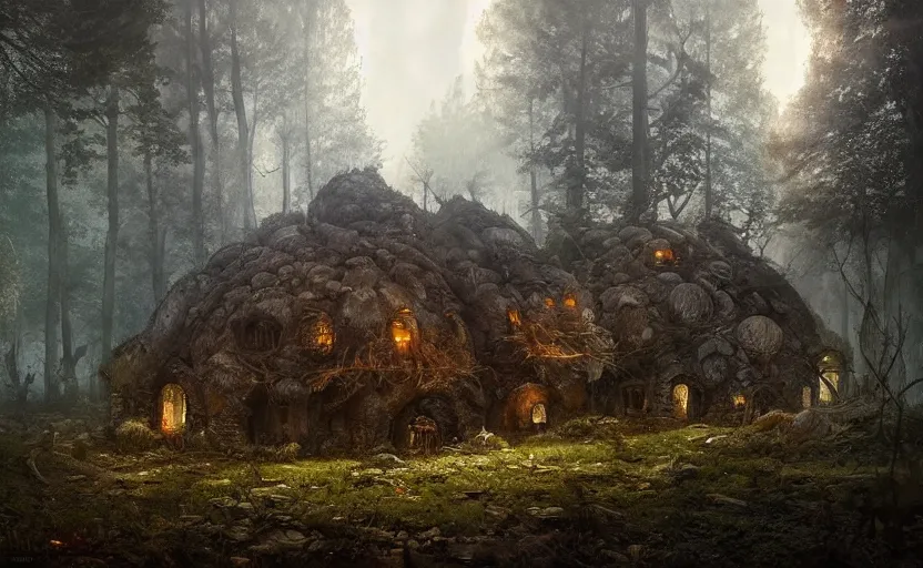 Image similar to A mushroom house that has been destroyed and now it is in rumbles , light coming from the windows, in a dark forest, macro, underexposed, overecast, mysterious matte painting by greg rutkowski and marc simonetti and Ivan Shishkin