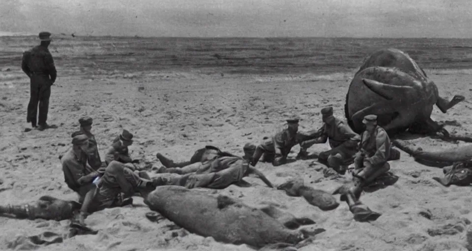 Prompt: 1940s photo, long shot, 5 soldiers looking at a huge creature washed up on a beach