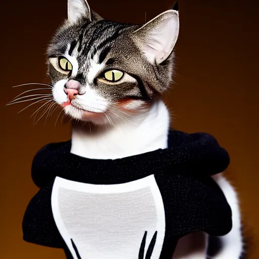 Image similar to cat wearing clothes made by alexander mcqueen