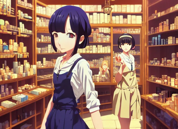 Prompt: anime visual, portrait of a young female traveler in a alchemist's potion shop interior shopping, cute face by ilya kuvshinov, yoshinari yoh, makoto shinkai, katsura masakazu, dynamic perspective pose, detailed facial features, kyoani, rounded eyes, crisp and sharp, cel shad, anime poster, ambient light