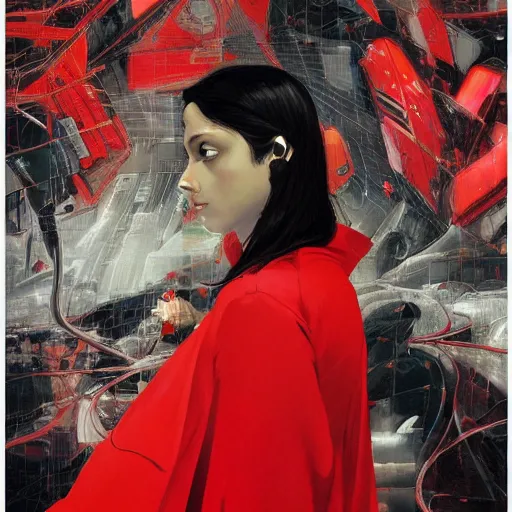 Image similar to portrait of a daydreaming melancholic latin woman in red habit being progressively rasterized into pixels from another world, she is surrounded by digital birds and a giant loving neon mecha robot is besides her, oil on canvas game poster by yoji shinkawa, esao andrews, dave mckean and stina persson