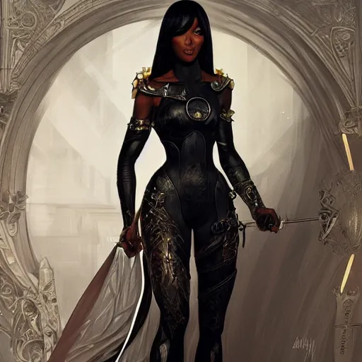 Image similar to full figure ultra realistic illustration, naomi campbell wearing black armor, intricate, elegant, highly detailed, digital painting, artstation, concept art, smooth, sharp focus, illustration, art by artgerm and greg rutkowski and alphonse mucha