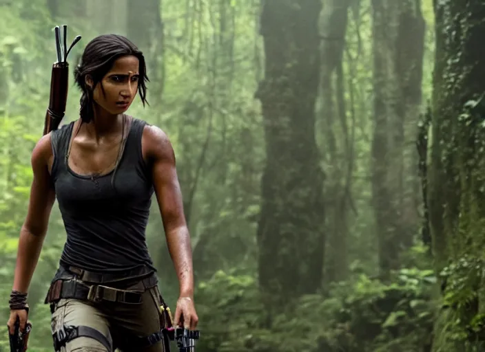 Image similar to film still of!!!! naomi scott!!! as lara croft in new tomb raider movie, 8 k