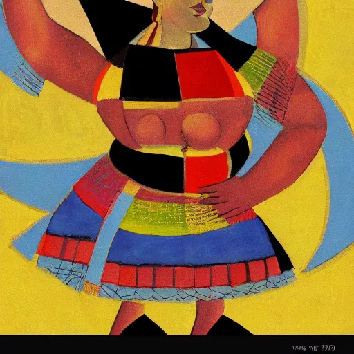 Image similar to fat mayan woman dancing, beautiful sunset, cubism, muted colors, texture