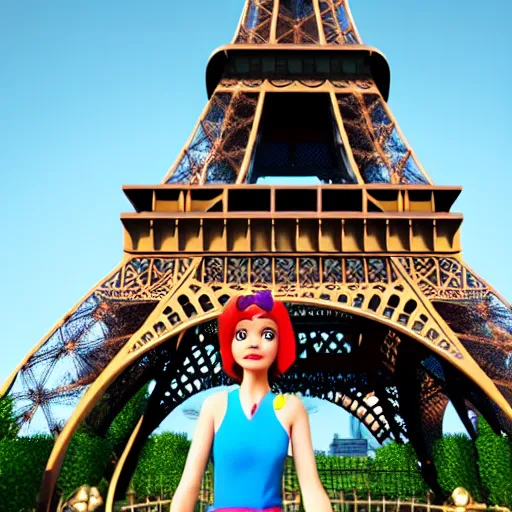 Image similar to Disney character Miraculous posing in front of the eiffel tower, octane render, rimlights. fresh, sunny day