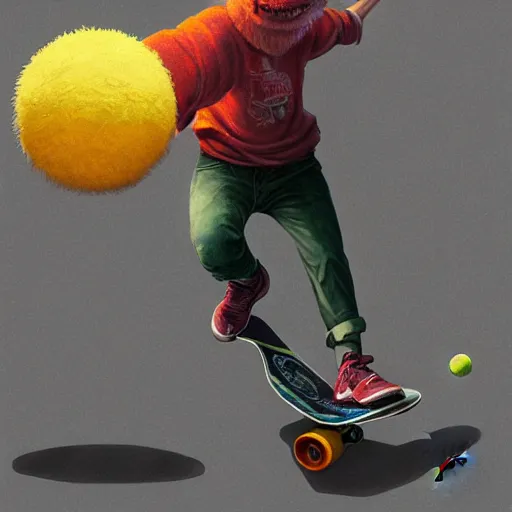 Prompt: highly detailed vfx portrait of a character of a skateboarding tennis ball monster, skateboard stephen bliss, chalk, unrealengine, greg rutkowski, loish, rhads, beeple, chalk, makoto shinkai and lois van baarle, ilya kuvshinov, rossdraws, tom bagshaw, basil gogos