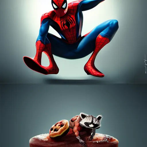 Image similar to spider - man sit on the raccoon and eating donuts, concept art, trending on artstation, highly detailed, intricate, sharp focus, digital art, 8 k