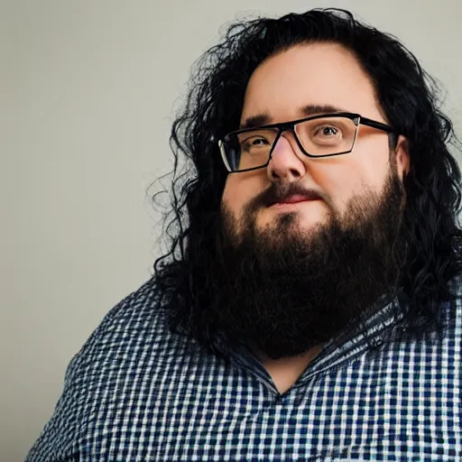 Prompt: a ((chubby man)) with glasses and long curly black hair