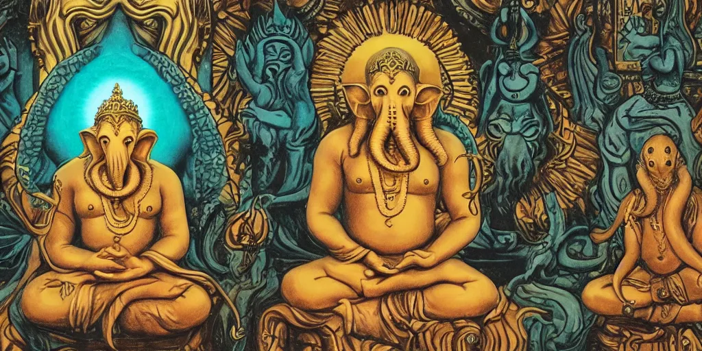 cthulhu, ganesh and jesus inside the palace of Stable Diffusion OpenArt