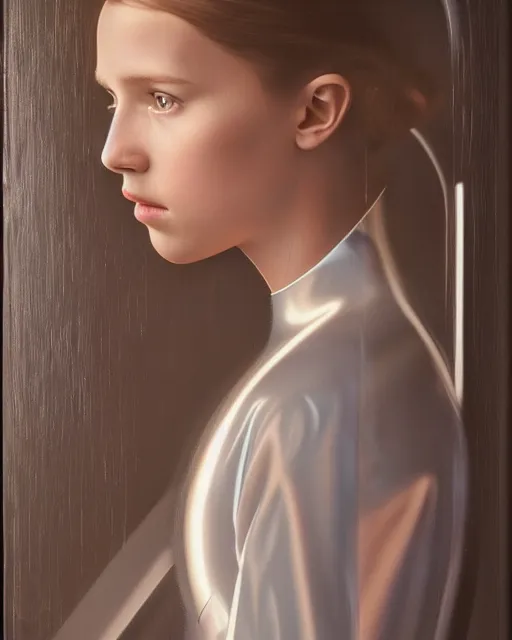 Image similar to a window - lit realistic portrait painting of a thoughtful girl resembling a young, shy, redheaded alicia vikander or millie bobby brown wearing a futuristic reflective spacesuit by a spaceship porthole, highly detailed, intricate, by vermeer