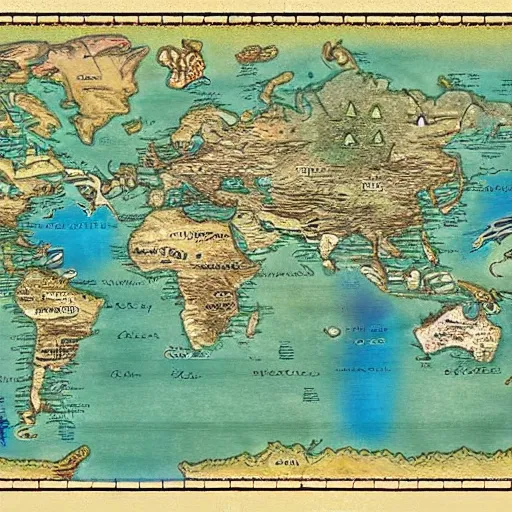 Prompt: fantasy map, highly detailed, many continents, oceans.