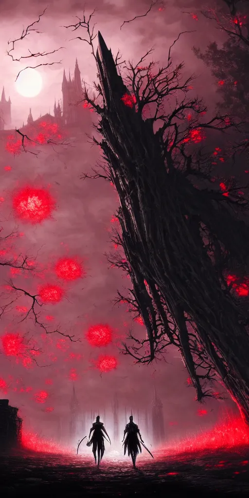 Image similar to soulless bloodborne old valley with a obscure person at the centre and a ruined gothic city in the background, trees and stars in the background, falling red petals, epic red - orange moonlight, perfect lightning, wallpaper illustration by niko delort and kentaro miura, 4 k, ultra realistic