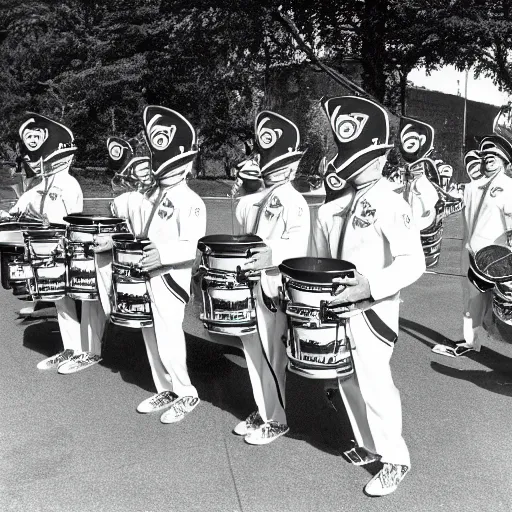 Prompt: photograph of madison scouts drum and bugle corps drum line from 1 9 9 2 warming up beside a madison scouts drum and bugle corps tour bus, photorealism, detailed