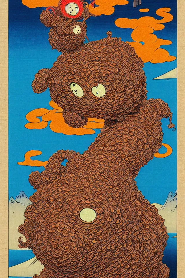 Prompt: an ukiyo - e painting of an intricate cute colorful fluffy dmt desert monster made out of burlap and coconut fiber, googly eyes, in colorful marker pen, by kokaris, naoto hattori, moebius and android jones