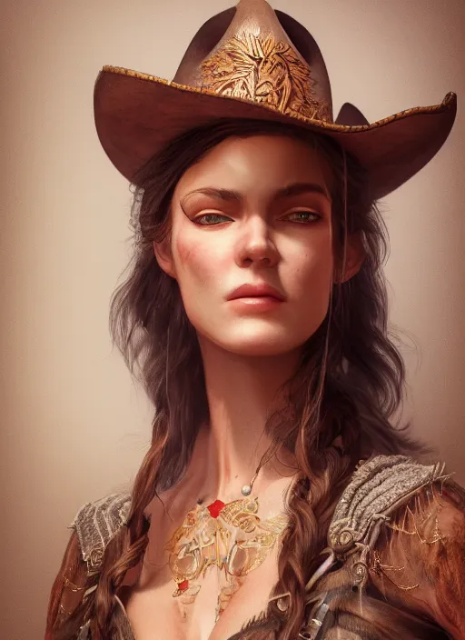 Image similar to detailed full body concept oil painting of a cowgirl, beautiful face, elegant pose, fantasy, illustration, insanely detailed and intricate clothing, octane render, 4k