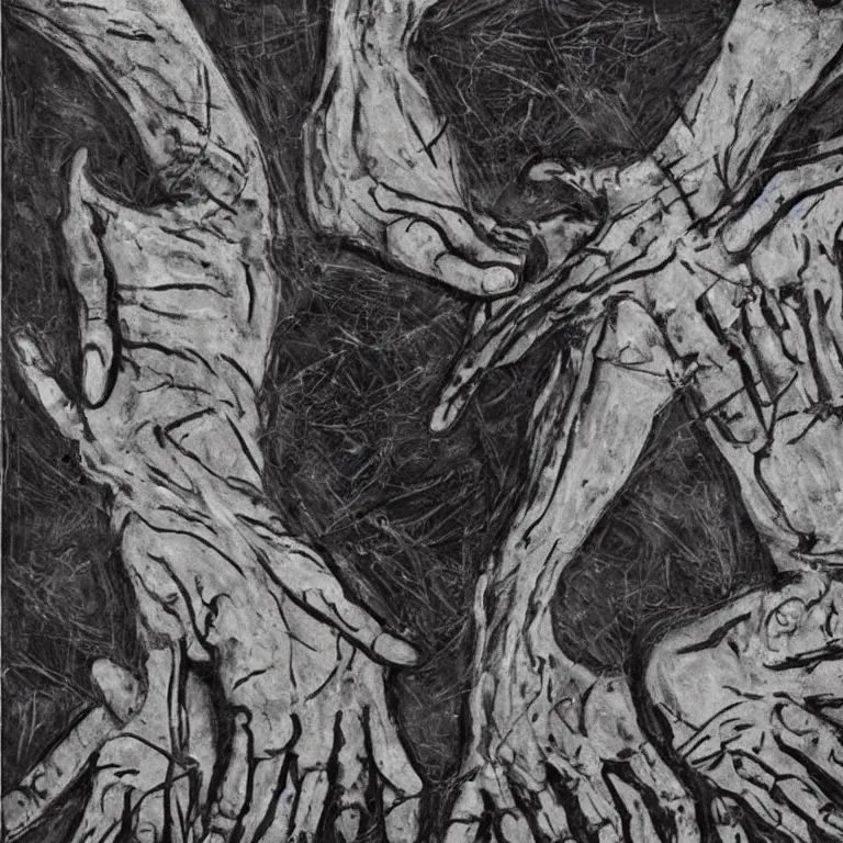 Image similar to Never-before-scene unique monochromatic abstract artwork with a very creative composition, symbolism and motifs, as well as scratches, multi-layered textures and innuendos of human limbs and hands.