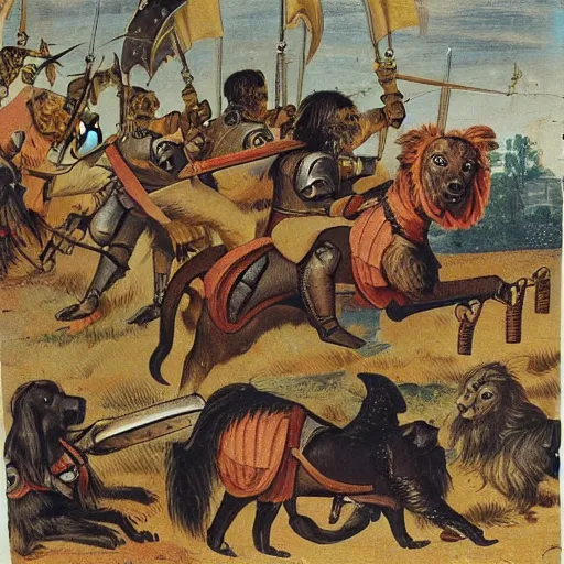 Prompt: Dog warriors riding lions into battle, medieval weapons and armour