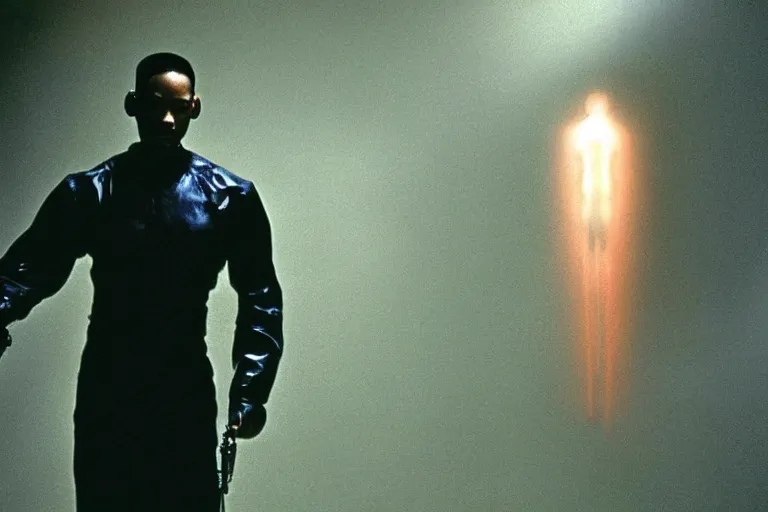 Image similar to will smith as a character from the matrix, cinematic, movie still, dramatic lighting, matrix code,!! by bill henson!!