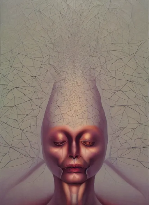 Prompt: dramatic portrait painting of woman with black mandelbrot fractal instead of face, in style of zdzisław beksinski,