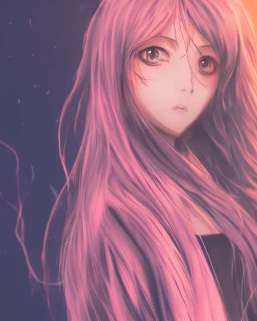 Prompt: Girl by Andrew Khok and Aniplex, Alicization, flowing hair, anime, symmetrical face, pink eyes, (sunset), trending on artstation, artstationHD, artstationHQ, patreon, 4k, 8k, beautiful