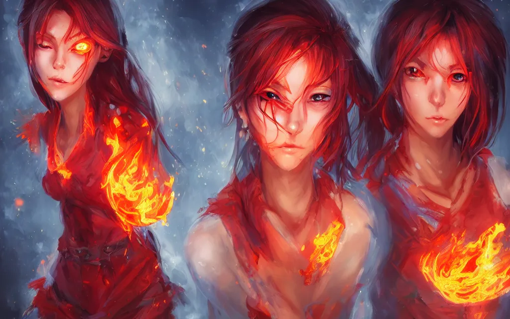 Image similar to A realistic anime portrait of a beautiful fire spirit twins with glowing red eyes and firey skin wearing clothes made of flames, digital painting, by Stanley Artgerm Lau, Sakimichan, WLOP and Rossdraws, digtial painting, trending on ArtStation, SFW version