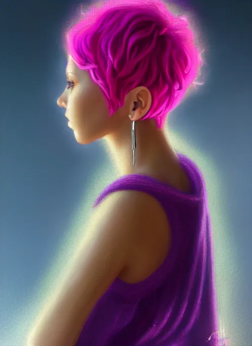 Image similar to portrait of teenage vanessa morgan with bright pink hair, vanessa morgan, curly pixie cut hair, wearing a purple breton cap, breton cap, hoop earrings, intricate, elegant, glowing lights, highly detailed, digital painting, artstation, concept art, smooth, sharp focus, illustration, art by wlop, mars ravelo and greg rutkowski