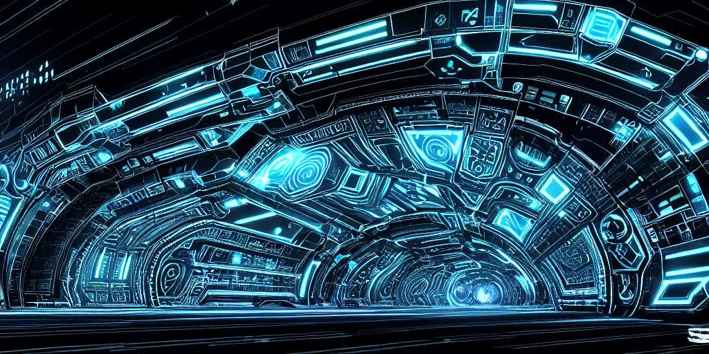 Image similar to symmetry!! a wormhole generator, intricate 3 d illustration, ultra detailed, colors of tron legacy, technopunk, darksynth, intricate illuminated lines, detailed notes, blueprint, sketch, 8 k, unreal engine 5, by tsutomu nihei