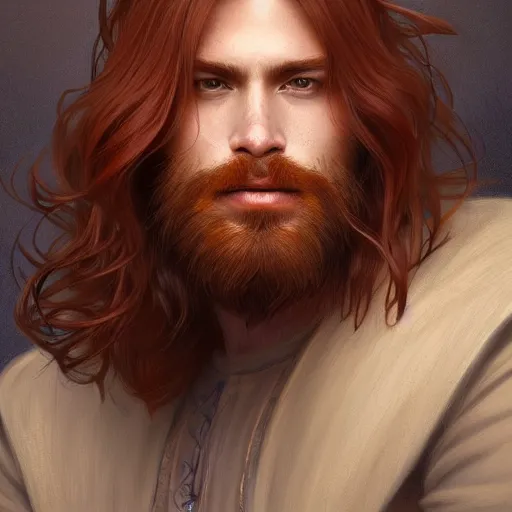 Image similar to portrait of a man - bear, male, handsome, masculine, full body, red hair, long hair, soft hair, fantasy, intricate, elegant, highly detailed, suit, coffee shop, digital painting, artstation, concept art, character art, smooth, sharp focus, illustration, art by artgerm and greg rutkowski and alphonse mucha