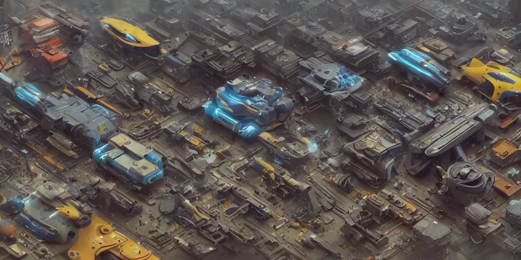 Image similar to collection of exploration of form and shapes, props, hard surface, panel, simon stalenhag, kitbash, items, gadget, big medium small, close up, vehicles, futuristic, parts, machinery, greebles, insanely detailed, case, hardware, golden ratio, wes anderson color scheme