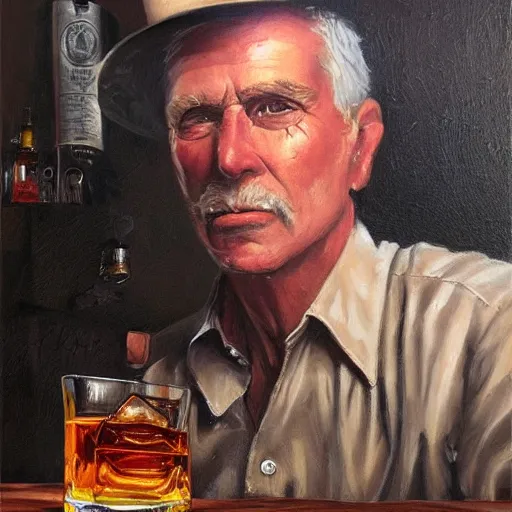 Prompt: modern oil body portrait of old wrinkled gunslinger jack having a whiskey at western saloon, very very very very very beautiful art, masterpiece, realistic and detailed, artstation, artificial lightning