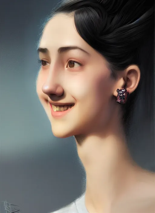 Image similar to portrait of teenage girl, narrow face, black hair, bangs, half updo hairstyle, skinny, big nose, smile, unattractive, defined jawline, big chin, wearing hair bow, earrings, intricate, elegant, glowing lights, highly detailed, digital painting, artstation, sharp focus, illustration, art by wlop, mars ravelo and greg rutkowski