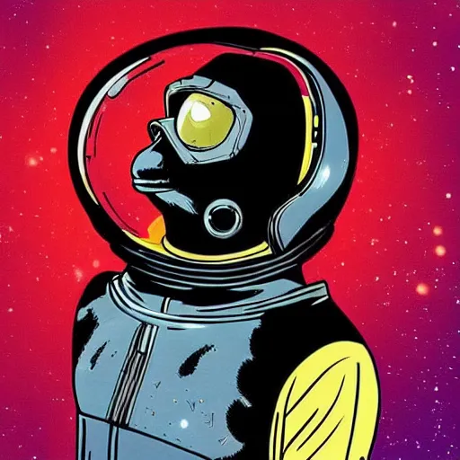 Prompt: “ portrait of a genetically modified chimp in a 1 9 5 0's space suit and leather jacket. he can project a bubble of oxygen that covers his head. he is flying through open space into a portal to another dimension. in the style of frank miller. ”