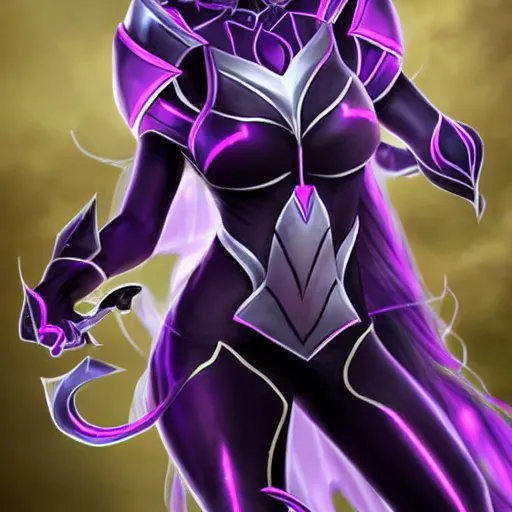 Image similar to Syndra from League of Legends. Horned helmet covering eyes. Purple and black magic outfit. Floating woman