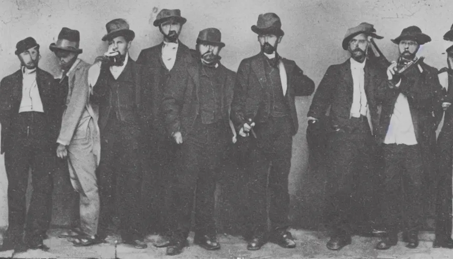 Image similar to photo of group 19th century gangsters with guns by Diane Arbus and Louis Daguerre