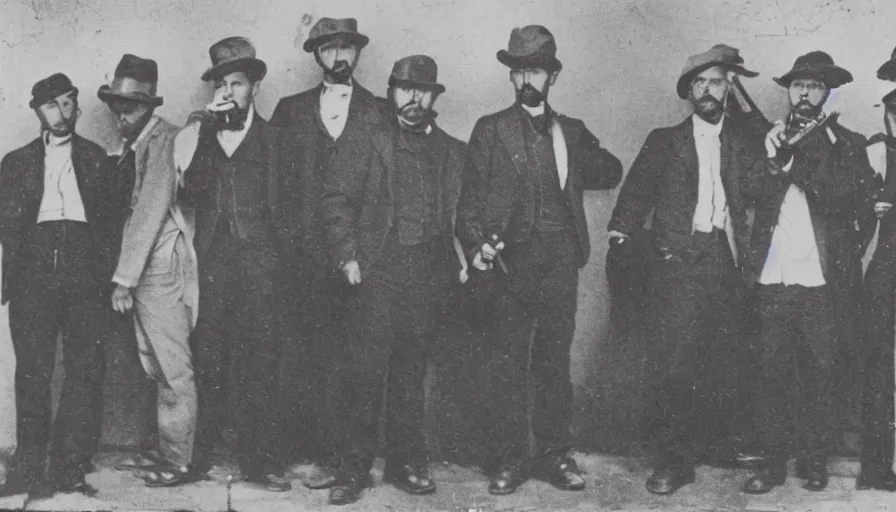 Prompt: photo of group 19th century gangsters with guns by Diane Arbus and Louis Daguerre