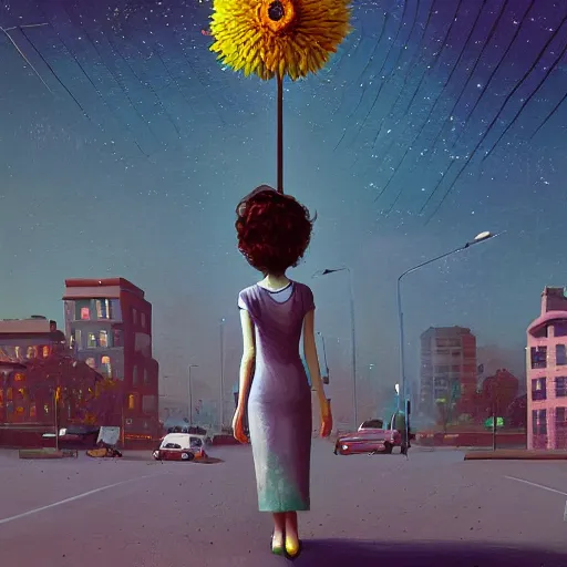 Image similar to giant daisy flower head, woman walking in a modern city, surreal photography, night sky, dark, stars, impressionist painting, digital painting, artstation, simon stalenhag